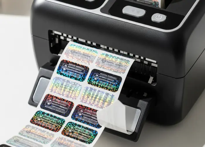 Close-up of a label maker printing secure hologram stickers