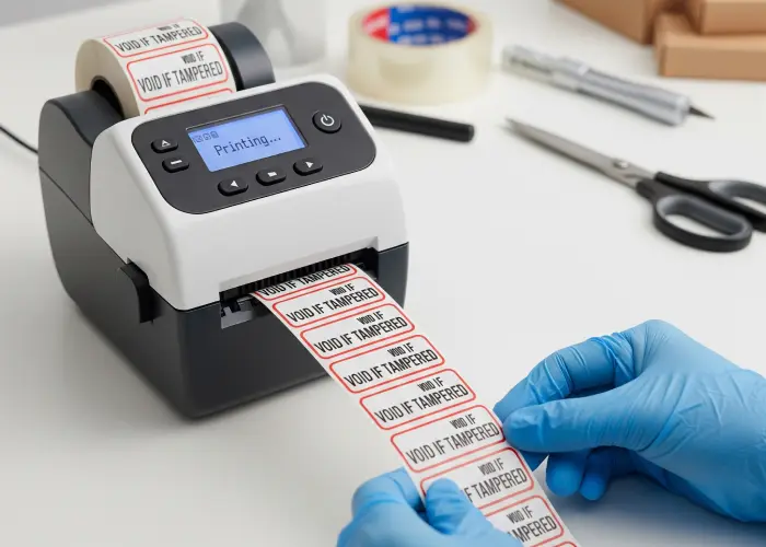 A label maker at work for tamper-proof sticker printing solutions