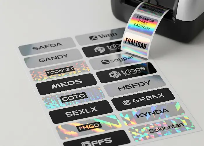 Stylish hologram stickers produced by a label maker for branding