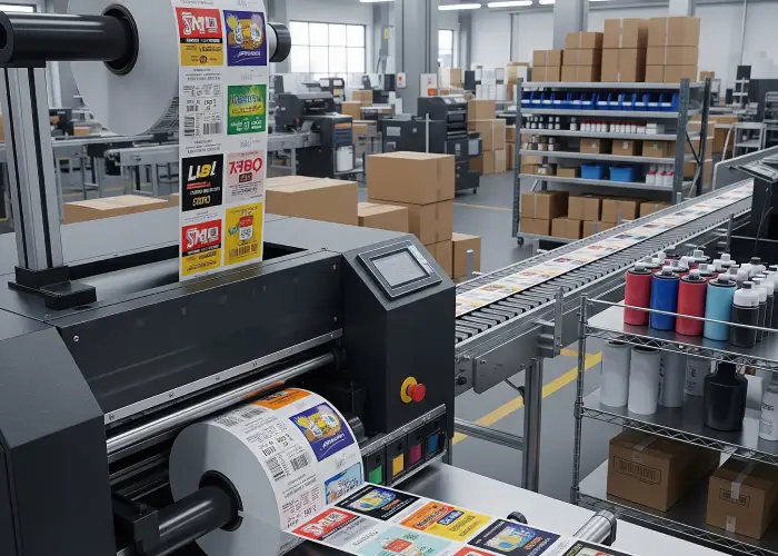 Sticker label printer printing roll form labels in a factory setting