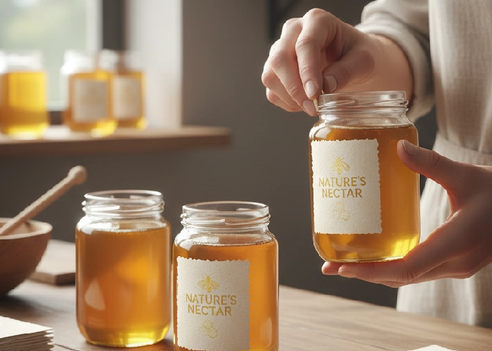 A worker using high quality labels on glass honey jars.