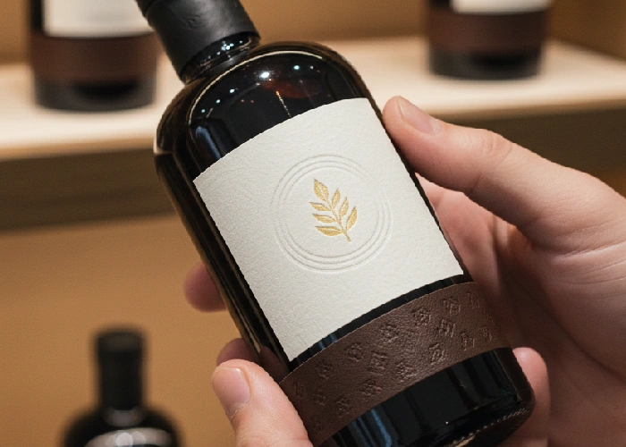 A person holding a bottle with professional labels for products.