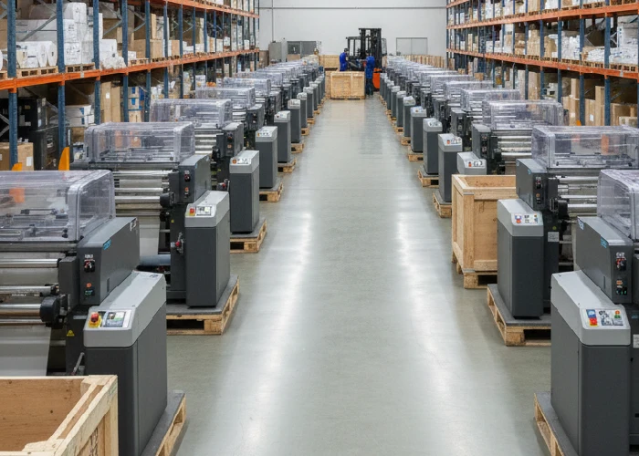Industrial label printers for sale in a warehouse.
