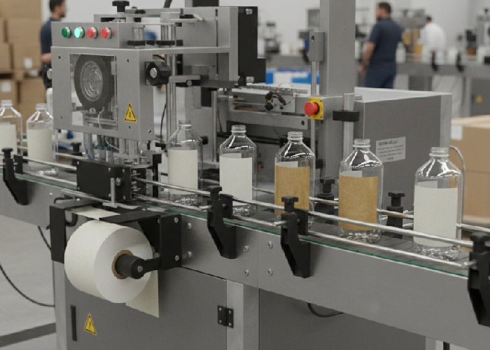 Industrial machine at a product labeling company producing high quality labels for retail sale