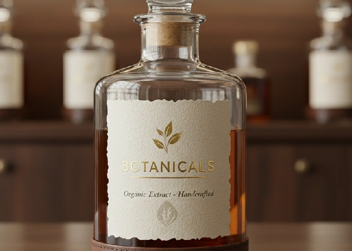 Professional labels for products on a glass bottle.