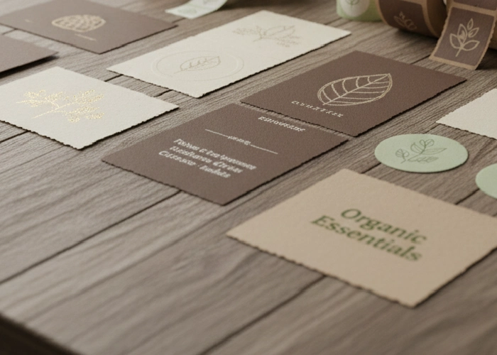 A variety of professional labels for products on a wooden table.