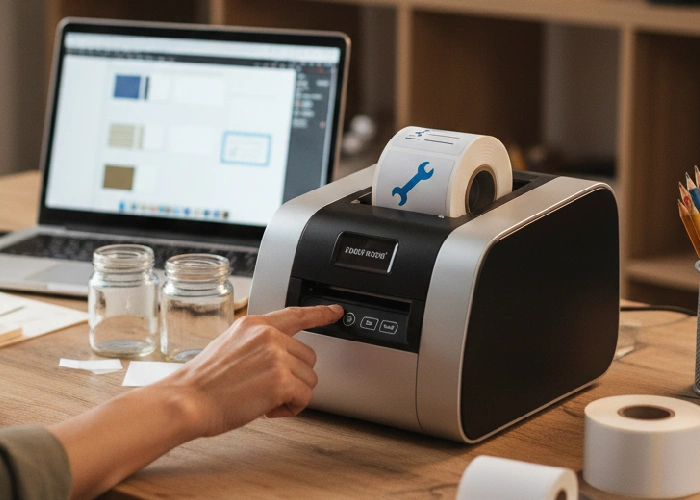 A small business owner using one of the latest label printers for sale to print custom service labels in house.