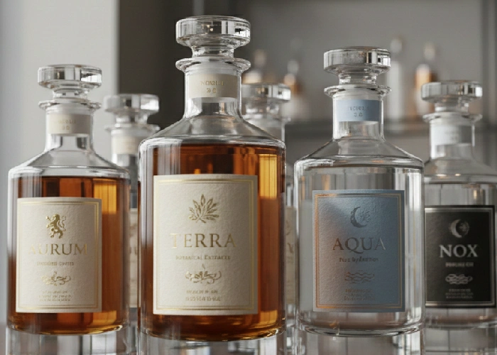 A variety of professional labels for products displayed on high quality glass bottles for branding.