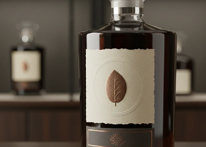 A close-up of high quality labels on a premium product bottle designed by a professional product labeling company.