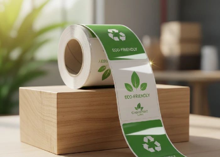 Sustainable self-adhesive labels with gloss varnish finish.