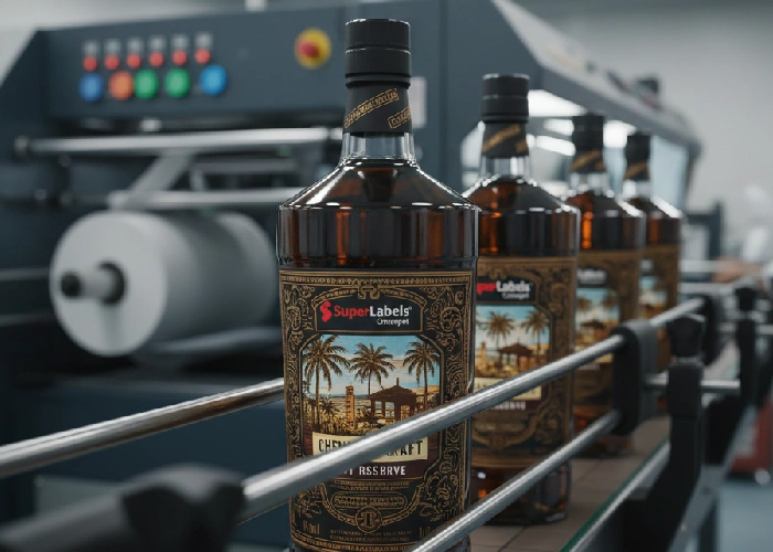 Durable flexographic labels for liquor bottles by Super Labels Chrompet.