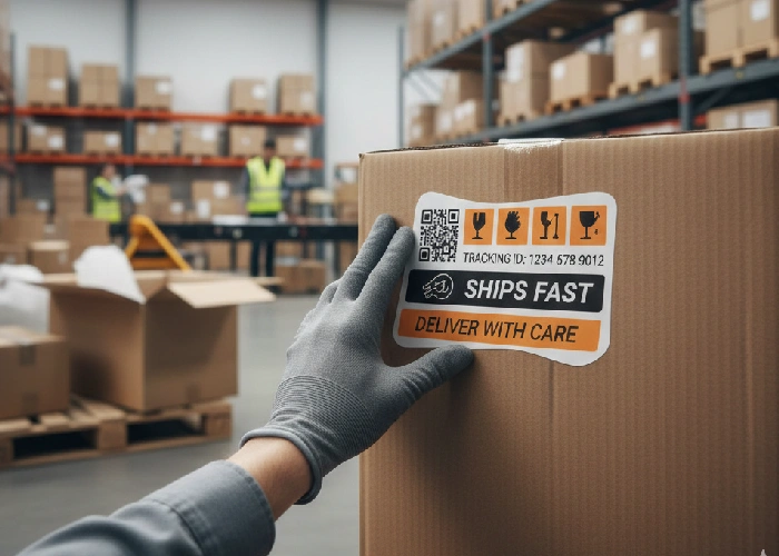 Custom die-cut adhesive solutions for logistics and shipping boxes.