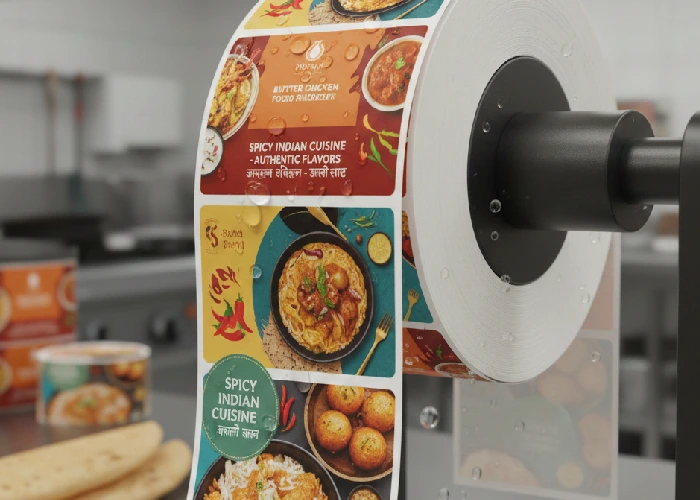 Durable moisture resistant roll fed labels for Indian food products.