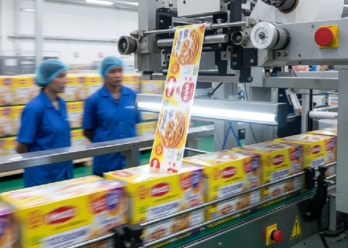 Industrial roll-fed labels being applied to product packaging for high-speed FMCG production.