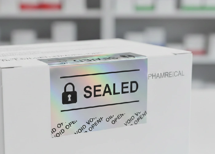 Tamper-evident security stickers on medicine boxes.