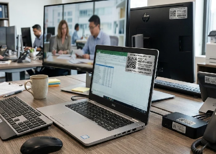 Secure asset tags on office equipment for inventory tracking.