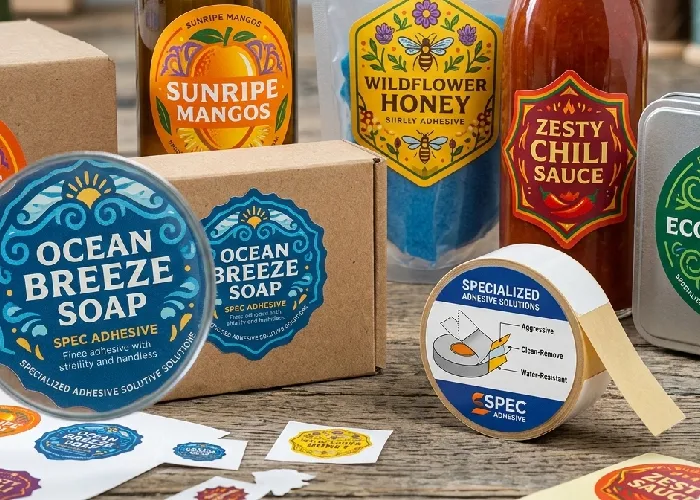 Colorful custom die-cut labels with specialized adhesive solutions for packaging.