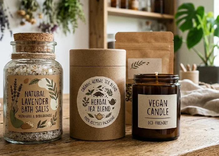 Sustainable Self-Adhesive Labels on eco-friendly packaging.