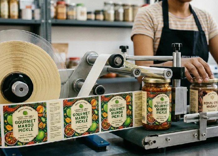 Roll-fed labels used in food product packaging.