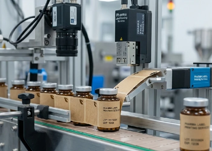 Close up of Pharma Label Printing Services on a production line.