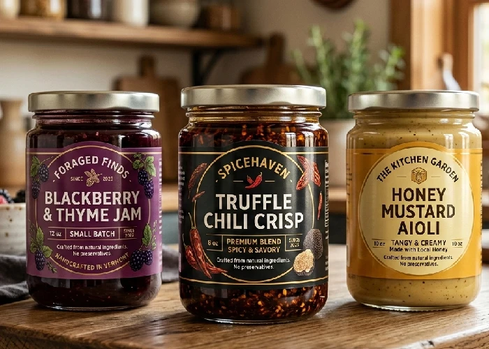 High-quality gloss Custom Food Labels on glass jars.