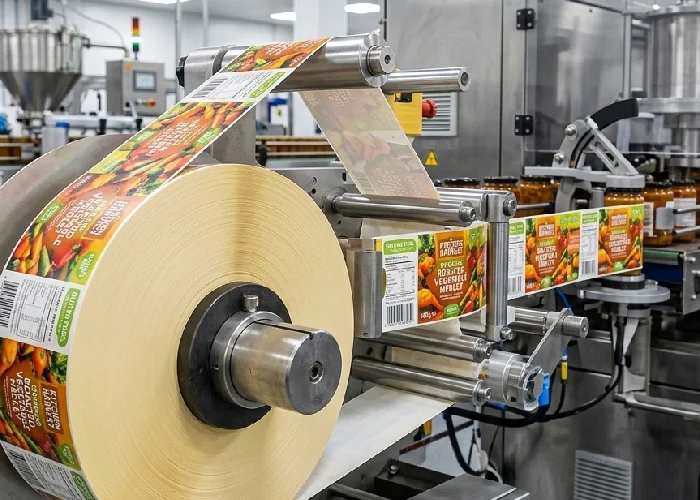 Industrial roll-fed labels for automated food product packaging.