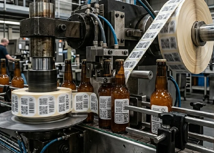 High speed bottle label printing using labels in a roll.