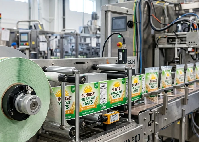 Roll-fed labels for automated food packaging lines.