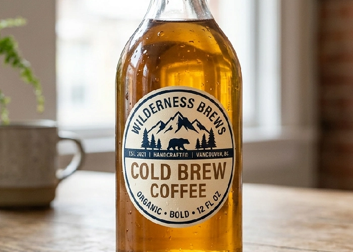 Waterproof high quality sticker on a glass bottle.