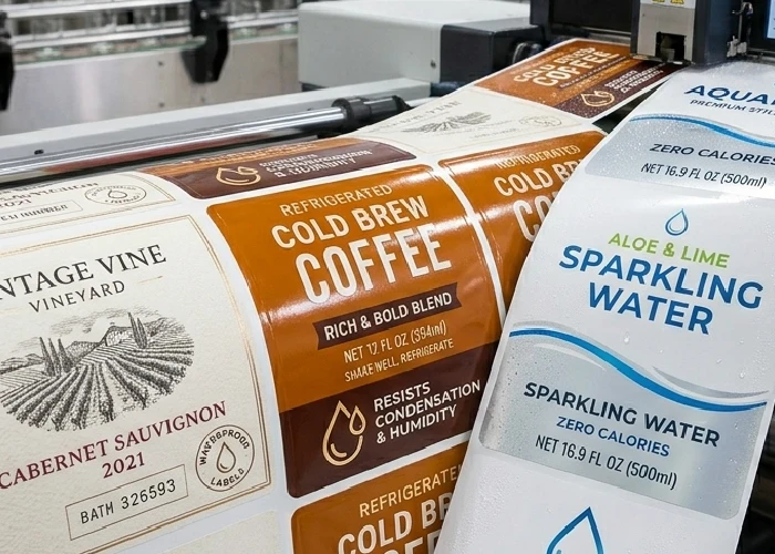 Waterproof printing labels for bottles used in the beverage industry.